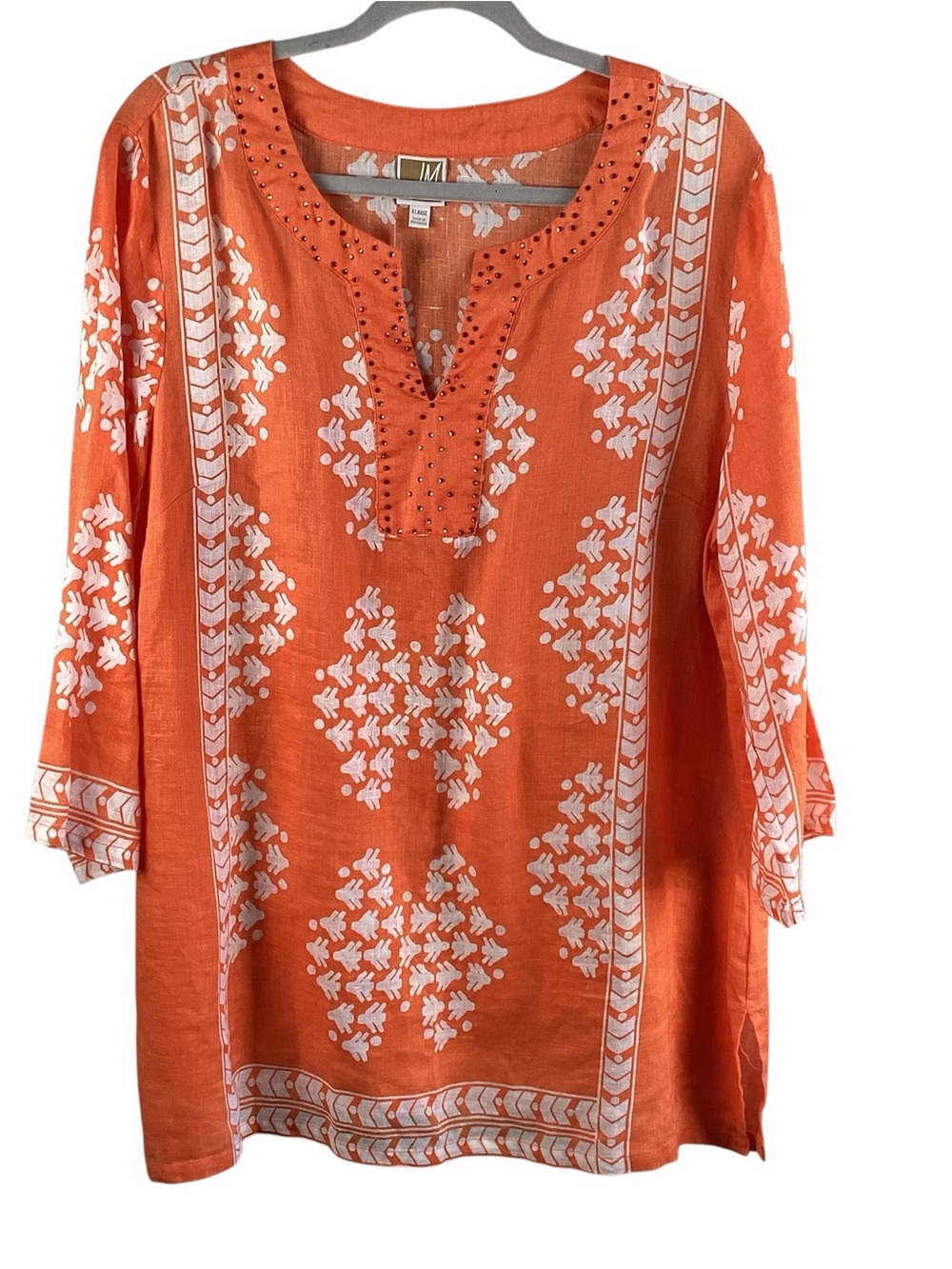 JM Collection 100% Linen Boho Orange Tunic with White Folk Print